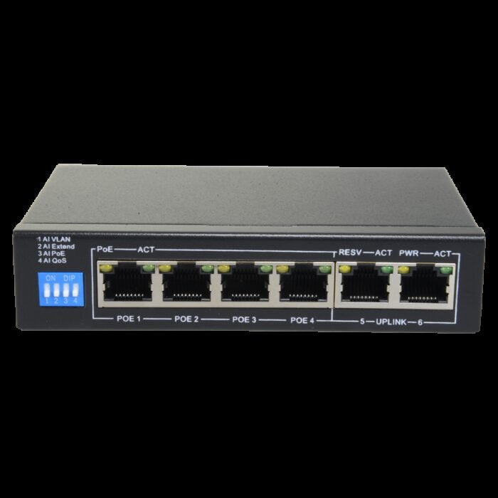 Switch PoE - 4 PoE + Ports 2 Uplink RJ45 - Geschwindigkeit bis zu 100 Mbps auf allen Ports - Insgesamt bis zu 60W für alle Ports