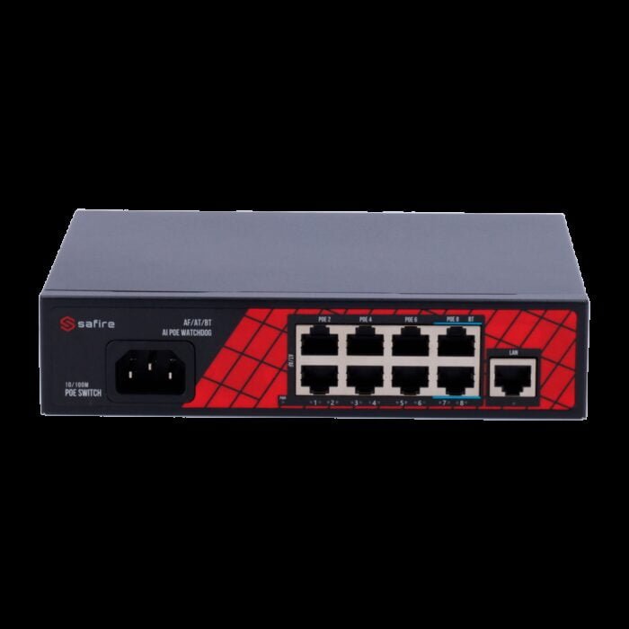 Safire Switch Hi-PoE - 8 PoE + Ports 1 Uplink RJ45 - Anschlüsse Geschwindigkeit 10/100Mbps - 6 PoE+-Ports 30W + 2 Hi-PoE-Ports 6