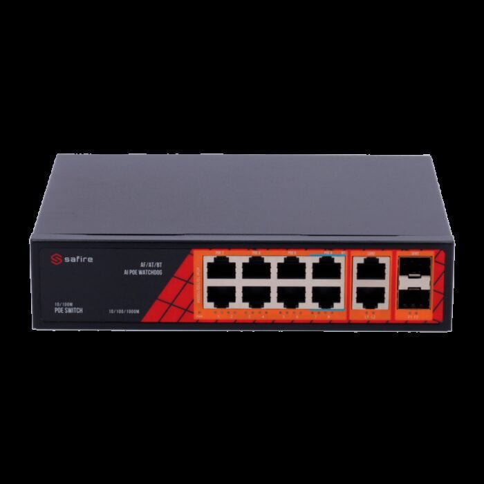 Safire Switch Hi-PoE - 8 PoE-Anschlüsse + 2 SFP + 2 RJ45 - Geschwindigkeit der Gigabit-Anschlüsse 10/100/1000Mbps - 6 PoE+-Ports