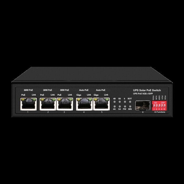 Switch PoE - 5 PoE-Ports + 1 SFP - Portgeschwindigkeit 10/100/1000 Mbps - 1xHi-PoE (60W) + 2xPoE+ (30W) + 2x24/48V (25W) - Bis z