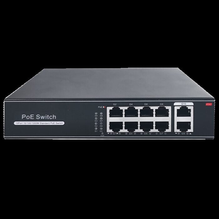 Switch PoE - 8 Anschlüsse RJ45 + 2 RJ45 Uplink - Portgeschwindigkeit 10/100/1000 Mbps - 8 PoE-Anschlüsse 802.3af/at bis 30W pro