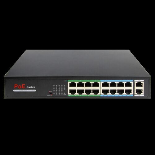 Switch PoE - 16 Anschlüsse RJ45 + 2 RJ45 Uplink - 16x 10/100Mbps + 2x 10/100/1000Mbps  - 16 PoE-Anschlüsse 802.3af/at bis 30W pr