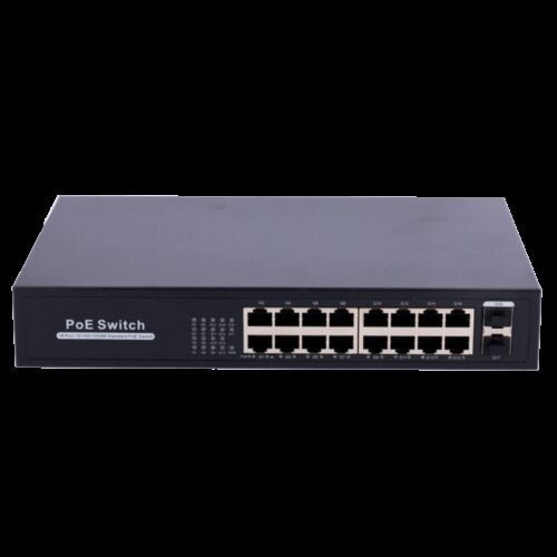 Switch PoE - 16 Anschlüsse RJ45 + 2 SFP Uplink - 16x 10/100/1000Mbps + 2x 10/100/1000Mbps  - 16 PoE-Anschlüsse 802.3af/at bis 30