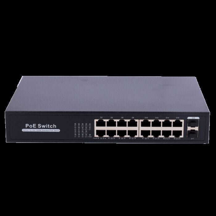 Switch PoE - 16 Anschlüsse RJ45 + 2 SFP Uplink - 16x 10/100/1000Mbps + 2x 10/100/1000Mbps  - 16 PoE-Anschlüsse 802.3af/at bis 30