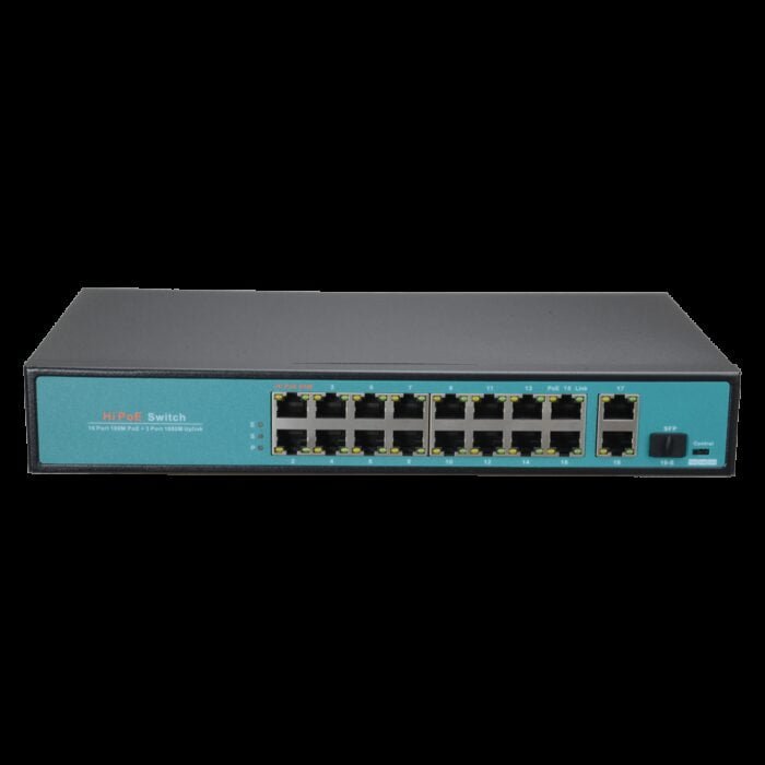 Switch PoE - 16 PoE-Ports + 2 Uplink GIGA + 1 SFP - Portgeschwindigkeit 10/100 Mbps - 65W Port 1 / 30W Port 2-16 / Max. 300W - C