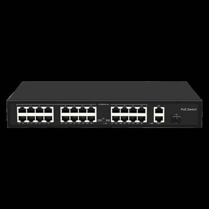 Switch PoE - 24 PoE-Anschlüsse + 2 Gigabit-Anschluss + 1 Gigabit-SFP - Geschwindigkeit 10/100 Mbps - Bis zu 300 W insgesamt - Be