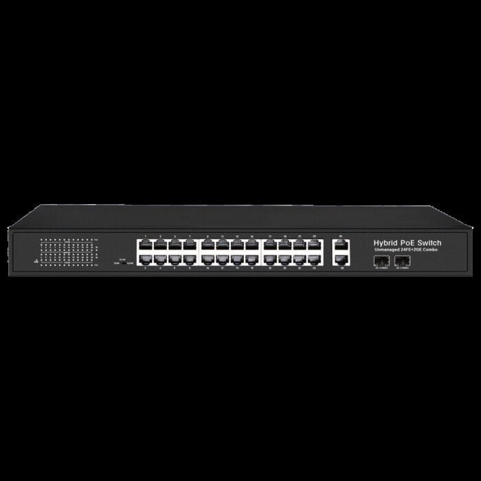 Switch PoE - 24 PoE-Anschlüsse + 2 Gigabit-Anschluss + 2 SFP Combo - Geschwindigkeit 10/100 Mbps - Bis zu 300 W insgesamt - Bere