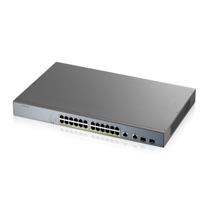 Zyxel Switch smart managed Layer2 26 Port &bull 24x 1 GbE &bull PoE Budget 375 Watt &bull 24x PoE at &bull 2x 1 Gb Combo &bull 1