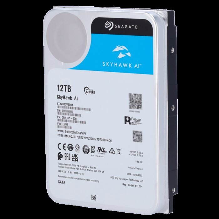 Seagate Skyhawk AI-Festplatte - Kapazität 12 TB - SATA-Schnittstelle 6 GB/s - Bis zu 32 Übertragungen von künstlicher Intelligen