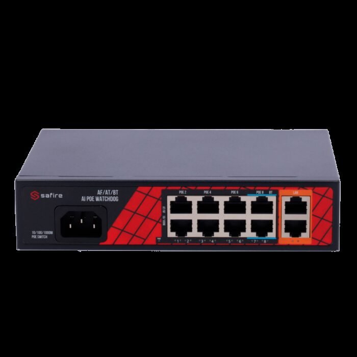 Safire Switch Hi-PoE - 8 PoE + Ports 2 Uplink RJ45 - Hybrid 8x10/100Mbps + 2x10/100/1000Mbps - 6 PoE+-Ports 30W + 2 Hi-PoE-Ports