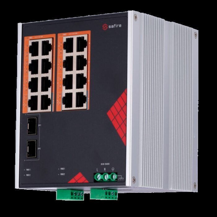 Safire Switch Industrieller AC-Stromversorgung 90~264V - 16 Gigabit-Anschlüsse + 2 Gigabit SFP - 12 PoE+-Ports 30W + 4 Hi-PoE-Po