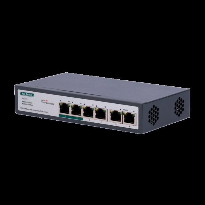 Switch PoE - 4 PoE+ Anschlüsse FE + 2 GE Uplink - Geschwindigkeit 4 x10/100Mbps + 2 x10/100/1000Mbps - 2 PoE-Anschlüsse für bis