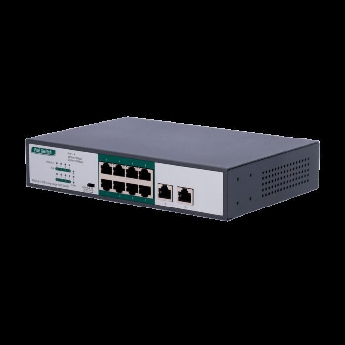 Switch PoE - 8 PoE-Anschlüsse FE + 2 GE - Geschwindigkeit 8 x10/100Mbps + 2 x10/100/1000Mbps - 8 PoE+ Anschlüsse für bis zu 800m