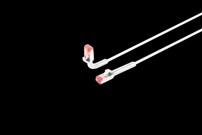 Patchkabel RJ45, CAT6A 500Mhz, 1,0m, weiss, U-STP(U/FTP), TPE, biegbare Stecker 90Grade