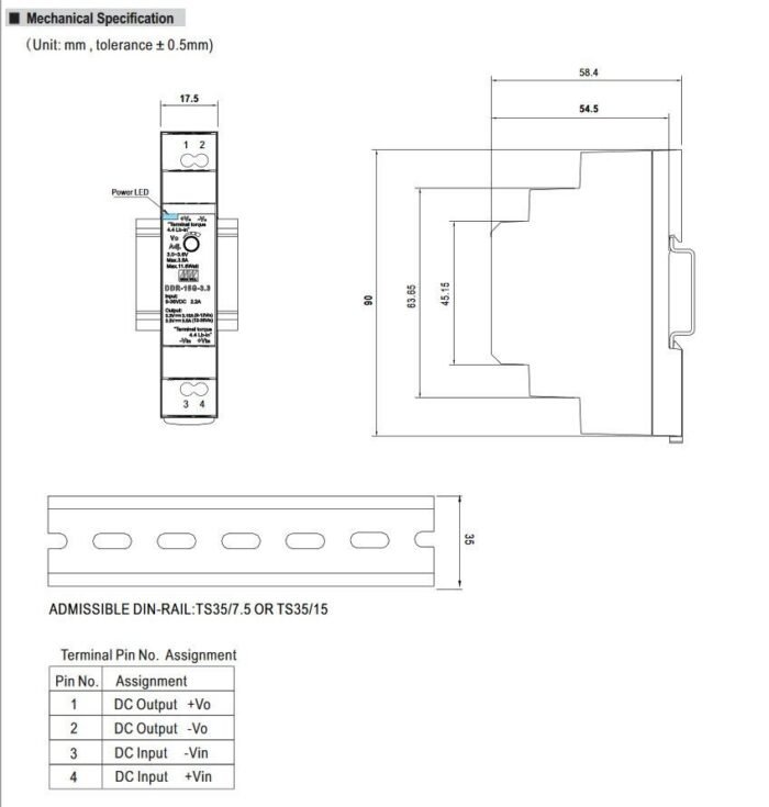 63A IN: 18~75VDC - OUT: 24V DC/DC-Wandler Mean Well Hutschiene