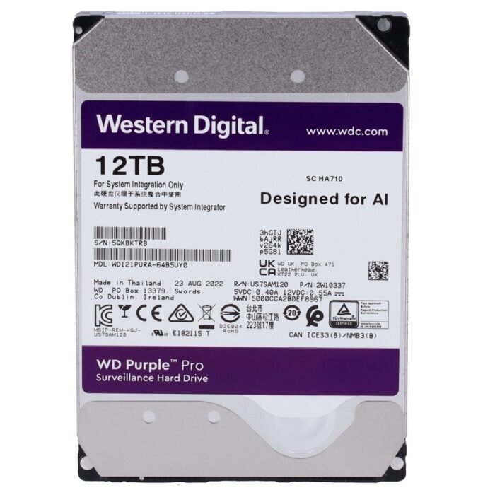 Western Digital Festplatte - Kapazität 12 TB - SATA-Schnittstelle 6 GB/s - Modell WD121PURZ-64B5UY0 - Speziell für Videorekorder