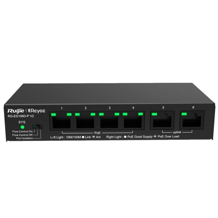 Reyee PoE Desktop-Switch - Metallgehäuse - 6 Ports RJ45 10/100 Mbit / s - 4 PoE+ Anschlüsse 802.3af/at + 2 Uplink Anschlüsse - P