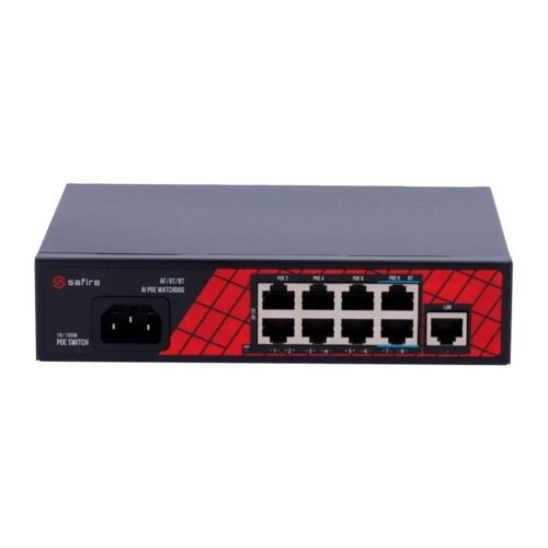 Safire Switch Hi-PoE - 8 PoE + Ports 1 Uplink RJ45 - Anschlüsse Geschwindigkeit 10/100Mbps - 6 PoE+-Ports 30W + 2 Hi-PoE-Ports 6