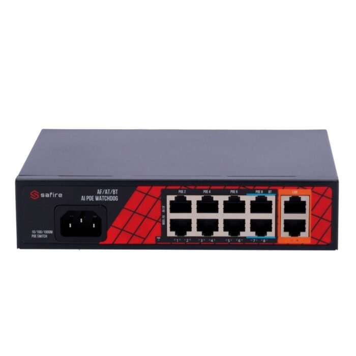 Safire Switch Hi-PoE - 8 PoE + Ports 2 Uplink RJ45 - Hybrid 8x10/100Mbps + 2x10/100/1000Mbps - 6 PoE+-Ports 30W + 2 Hi-PoE-Ports