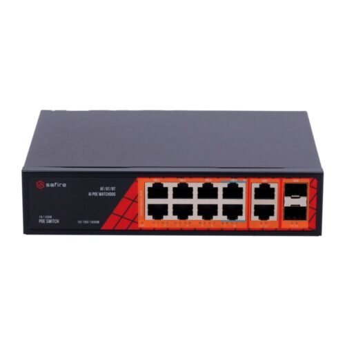 Safire Switch Hi-PoE - 8 PoE-Anschlüsse + 2 SFP + 2 RJ45 - Geschwindigkeit der Gigabit-Anschlüsse 10/100/1000Mbps - 6 PoE+-Ports