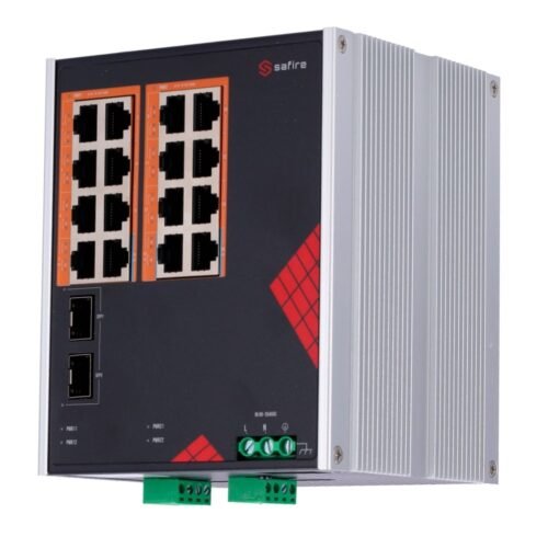 Safire Switch Industrieller AC-Stromversorgung 90~264V - 16 Gigabit-Anschlüsse + 2 Gigabit SFP - 12 PoE+-Ports 30W + 4 Hi-PoE-Po