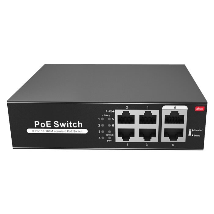 Switch PoE - 4 PoE + Ports 2 Uplink RJ45 - Geschwindigkeit bis zu 100 Mbps auf allen Ports - Insgesamt bis zu 60W für alle Ports