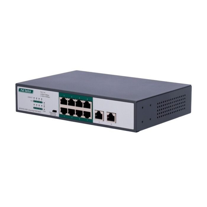 Switch PoE - 8 PoE-Anschlüsse FE + 2 GE - Geschwindigkeit 8 x10/100Mbps + 2 x10/100/1000Mbps - 8 PoE+ Anschlüsse für bis zu 800m