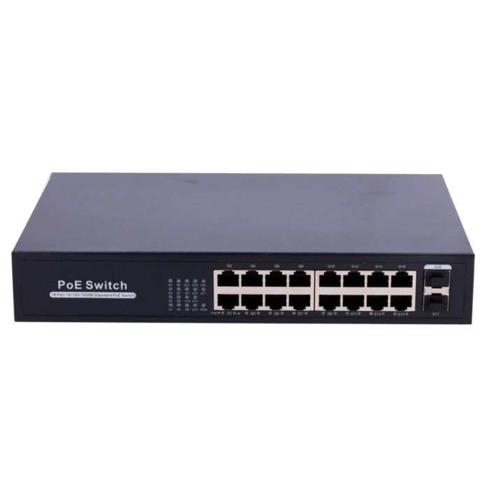 Switch PoE - 16 Anschlüsse RJ45 + 2 SFP Uplink - 16x 10/100/1000Mbps + 2x 10/100/1000Mbps - 16 PoE-Anschlüsse 802.3af/at bis 30W
